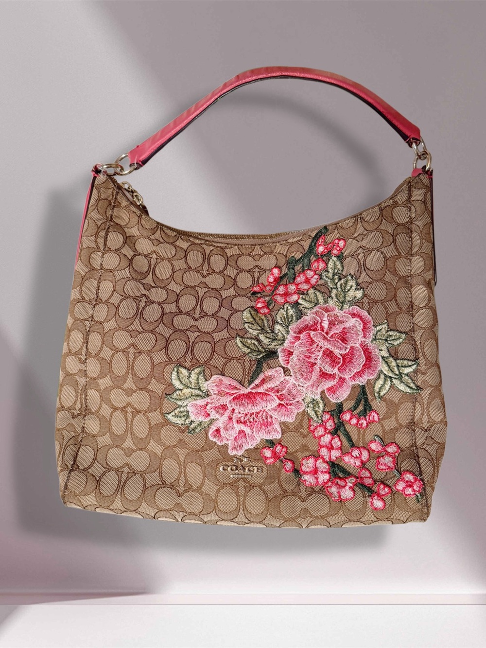 Custom Coach Signature Hobo with Pink Floral Appliqué